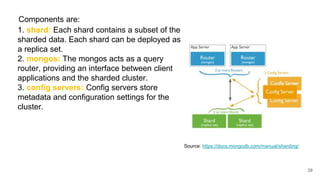 Components are:
1. shard: Each shard contains a subset of the
sharded data. Each shard can be deployed as
a replica set.
2. mongos: The mongos acts as a query
router, providing an interface between client
applications and the sharded cluster.
3. config servers: Config servers store
metadata and configuration settings for the
cluster.
Source: https://docs.mongodb.com/manual/sharding/
39
 