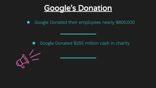 Google’s Donation
★ Google Donated their employees nearly $800,000
★ Google Donated $255 million cash in charity
 
