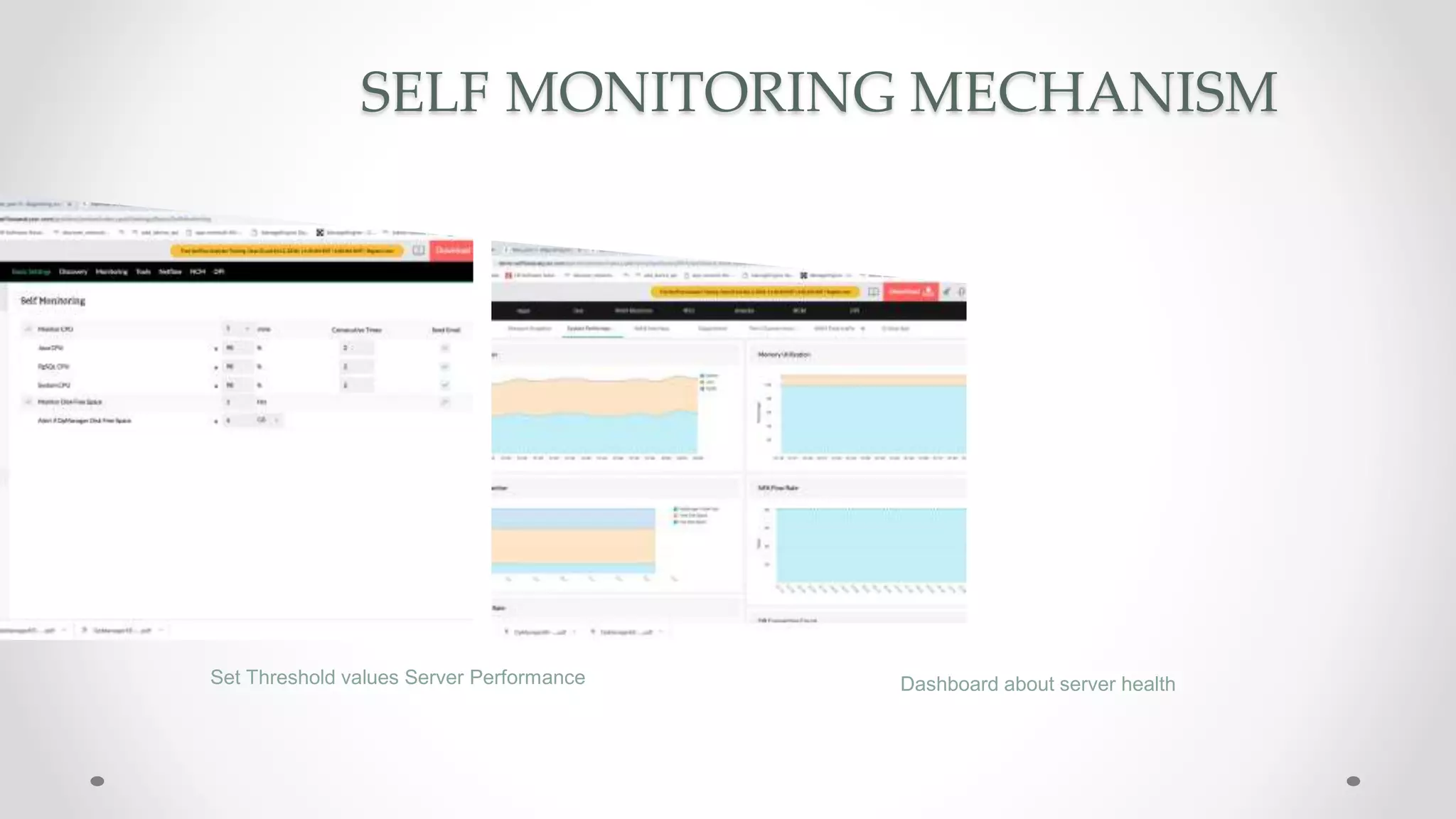SELF MONITORING MECHANISM
Set Threshold values Server Performance Dashboard about server health
 