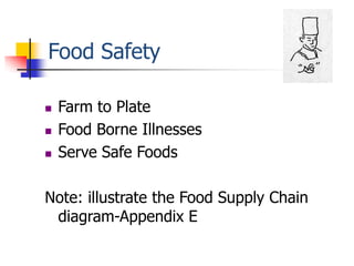 Food Safety

   Farm to Plate
   Food Borne Illnesses
   Serve Safe Foods

Note: illustrate the Food Supply Chain
 diagram-Appendix E
 