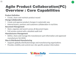 15
www.nexinfo.com
Agile Product Collaboration(PC)
Overview : Core Capabilities
15
Product Definition
• Create, share and maintain product record
Change Collaboration
• Create and approve product changes in systematic way
• Internal teams, partners and customers collaboration in real time
Document Management
• Store, organize and search across all document types
• Full version control with a detailed audit trail
Manufacturers Management
• Define, share and manage the manufacturer part information and approved
manufacturer list (AML)
Sites & Distributed Manufacturing
• Supports globally distributed design and manufacturing organizations
• Provides visibility and control over site specific product information
 