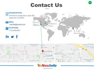 42
www.nexinfo.com
Contact Us
HEADQUARTERS
615 W Civic Center Drive, Suite 350
Santa Ana, CA 92701
EMAIL
LetsTalk@nexinfo.com
TELEPHONE
(714) 955-6970
Bellevue, WA
Orange, CA
Santa Ana, CA
Bridgewater, NJ
Chicago, IL
Dublin,
Ireland
Chennai, India
Bangalore,
India
 