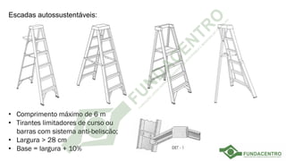 Escadas autossustentáveis:
• Comprimento máximo de 6 m
• Tirantes limitadores de curso ou
barras com sistema anti-beliscão;
• Largura > 28 cm
• Base = largura + 10%
 
