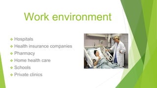Work environment
❖ Hospitals
❖ Health insurance companies
❖ Pharmacy
❖ Home health care
❖ Schools
❖ Private clinics
 