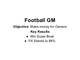 Football GM
Objective: Make money for Owners
Key Results
● Win Super Bowl
● Fill Stands to 88%
 