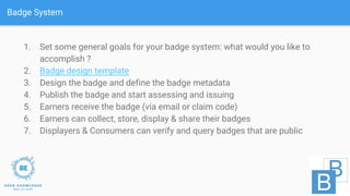 Badge System
1. Set some general goals for your badge system: what would you like to
accomplish ?
2. Badge design template...