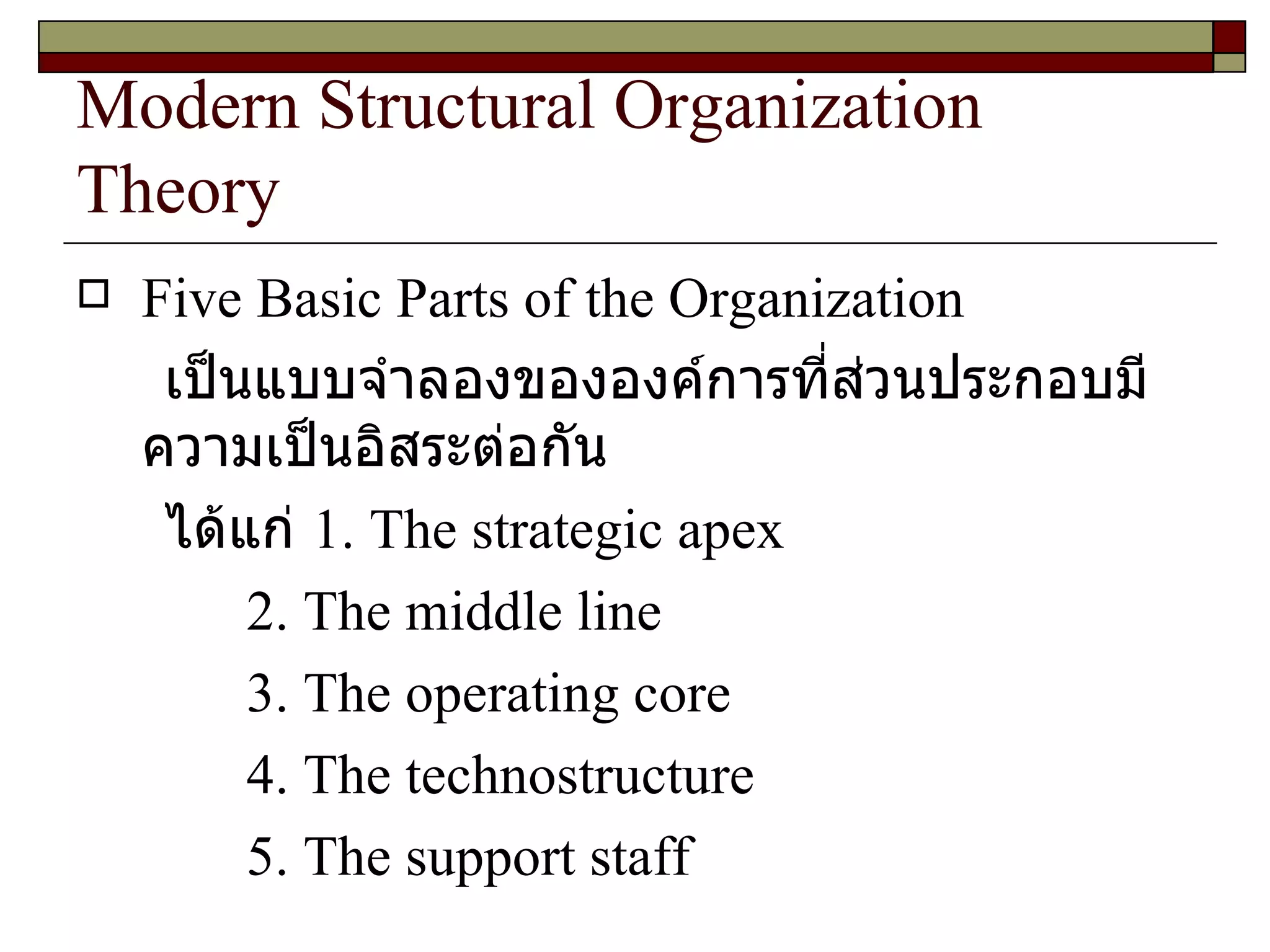 Modern Structural Organization Theory Five Basic Parts of the Organization เป็นแบบจำลองขององค์การที่ส่วนประกอบมีความเป็นอิสระต่อกัน ได้แก่  1. The strategic apex  2. The middle line 3. The operating core 4. The technostructure 5. The support staff 