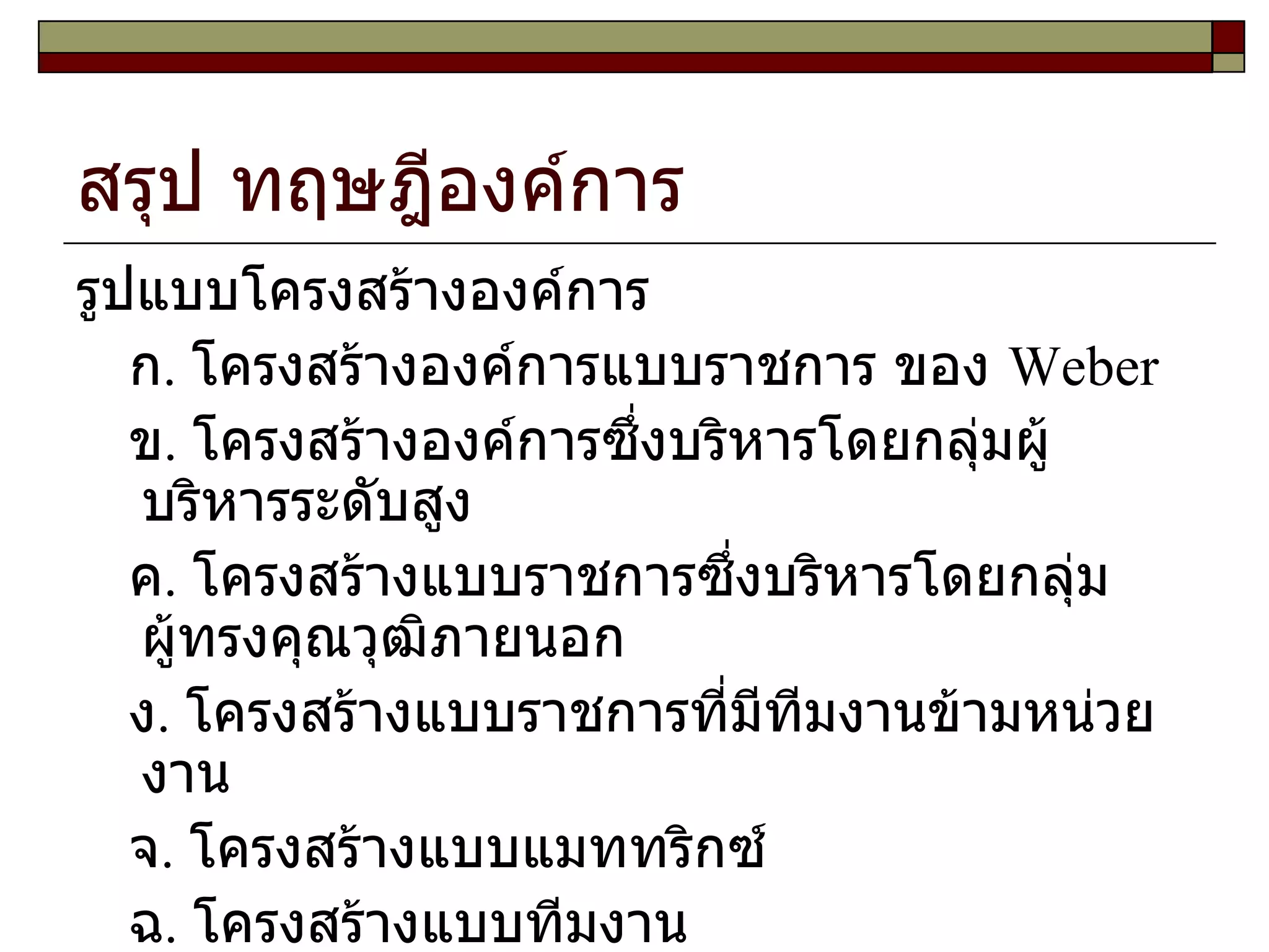 สรุป ทฤษฎีองค์การ รูปแบบโครงสร้างองค์การ ก .  โครงสร้างองค์การแบบราชการ ของ  Weber ข .  โครงสร้างองค์การซึ่งบริหารโดยกลุ่มผู้บริหารระดับสูง ค .  โครงสร้างแบบราชการซึ่งบริหารโดยกลุ่มผู้ทรงคุณวุฒิภายนอก ง .  โครงสร้างแบบราชการที่มีทีมงานข้ามหน่วยงาน จ .  โครงสร้างแบบแมททริกซ์ ฉ .  โครงสร้างแบบทีมงาน ช .  โครงสร้างแบบเครือข่าย  