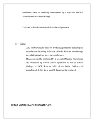 conditions must be medically documented by a specialist Medical
Practitioner for at least 90 days.
Excluded is: Paralysis due to Guillain-Barré-Syndrome
vi) Stroke:
Any cerebrovascular incident producing permanent neurological
sequelae and including infarction of brain tissue or haemorrhage
or embolisation from an extracranial source.
Diagnosis must be confirmed by a specialist Medical Practitioner
and evidenced by typical clinical symptoms as well as typical
findings in CCT Scan or MRI of the brain. Evidence of
neurological deficit for at least 90 days must be produced.
APOLLO MUNICH HEALTH INSURANCE PLANS
 