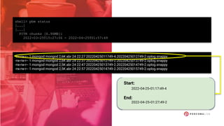 shell> pbm status
[...]
[...]
PITR chunks [6.96MB]:
2022-03-25T15:27:06 - 2022-04-25T01:57:49
-rw-rw-r-- 1 mongod mongod 2,6K abr 24 22:27 20220425011749-4.20220425012749-2.oplog.snappy
-rw-rw-r-- 1 mongod mongod 2,6K abr 24 22:37 20220425012749-2.20220425013749-2.oplog.snappy
-rw-rw-r-- 1 mongod mongod 2,5K abr 24 22:47 20220425013749-2.20220425014749-2.oplog.snappy
-rw-rw-r-- 1 mongod mongod 2,5K abr 24 22:57 20220425014749-2.20220425015749-2.oplog.snappy
2022-04-25-01:17:49-4
2022-04-25-01:27:49-2
Start:
End:
 