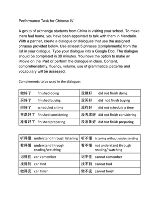 Performance Task for Chinese IV 
 
A group of exchange students from China is visiting your school. To make 
them feel home, you have been appointed to talk with them in Mandarin. 
With a partner, create a dialogue or dialogues that use the assigned 
phrases provided below. Use at least 5 phrases (complements) from the 
list in your dialogue. Type your dialogue into a Google Doc. The dialogue 
should be completed in 30 minutes. You have the option to make an 
iMovie on the iPad or perform the dialogue in class. Content, 
comprehensibility, fluency, volume, use of grammatical patterns and 
vocabulary will be assessed. 
 
Complements to be used in the dialogue:
做好了 finished doing 没做好 did not finish doing
买好了 finished buying 没买好 did not finish buying
约好了 scheduled a time 没约好 did not schedule a time
考虑好了 finished considering 没考虑好 did not finish considering
准备好了 finished preparing 没准备好 did not finish preparing
听得懂 understand through listening 听不懂 listening without understanding
看得懂 understand through
reading/watching
看不懂 not understand through
reading/ watching
记得住 can remember 记不住 cannot remember
找得到 can find 找不到 cannot find
做得完 can finish 做不完 cannot finish
 