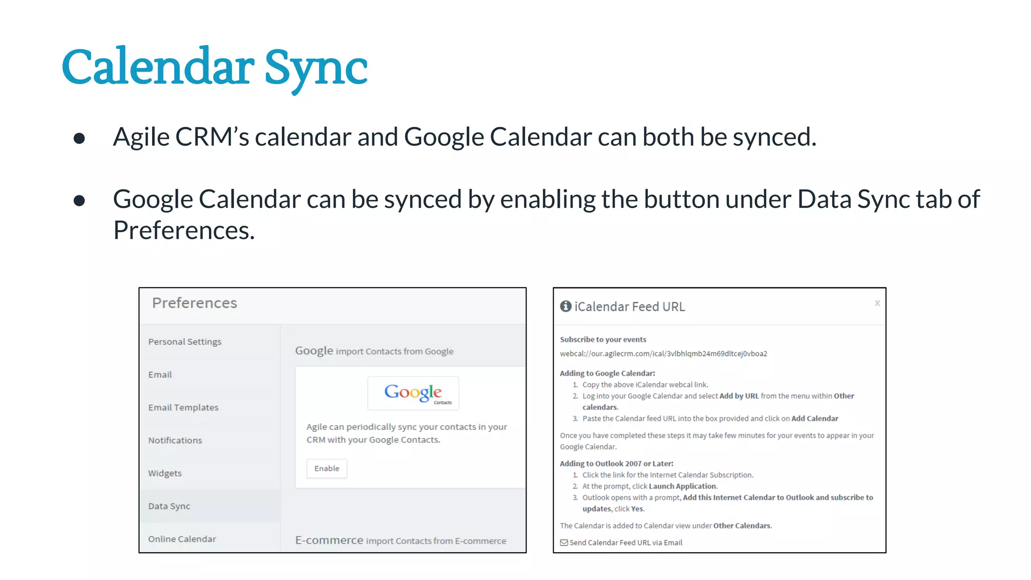 Calendar Sync
● Agile CRM’s calendar and Google Calendar can both be synced.
● Google Calendar can be synced by enabling the button under Data Sync tab of
Preferences.
 