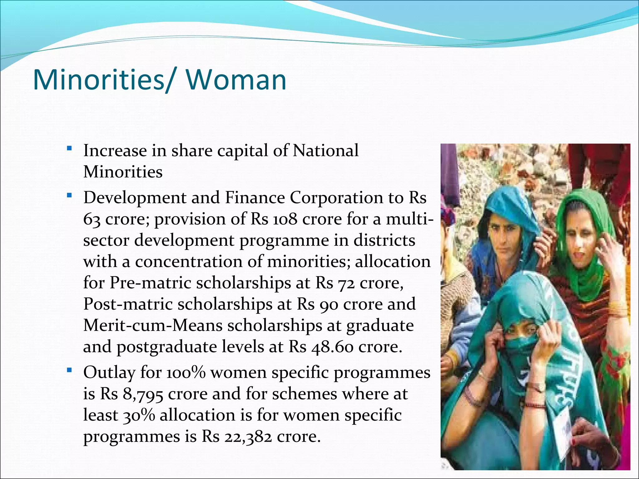 Minorities/ Woman
 Increase in share capital of National

Minorities
 Development and Finance Corporation to Rs
63 crore; provision of Rs 108 crore for a multisector development programme in districts
with a concentration of minorities; allocation
for Pre-matric scholarships at Rs 72 crore,
Post-matric scholarships at Rs 90 crore and
Merit-cum-Means scholarships at graduate
and postgraduate levels at Rs 48.60 crore.
 Outlay for 100% women specific programmes
is Rs 8,795 crore and for schemes where at
least 30% allocation is for women specific
programmes is Rs 22,382 crore.

 