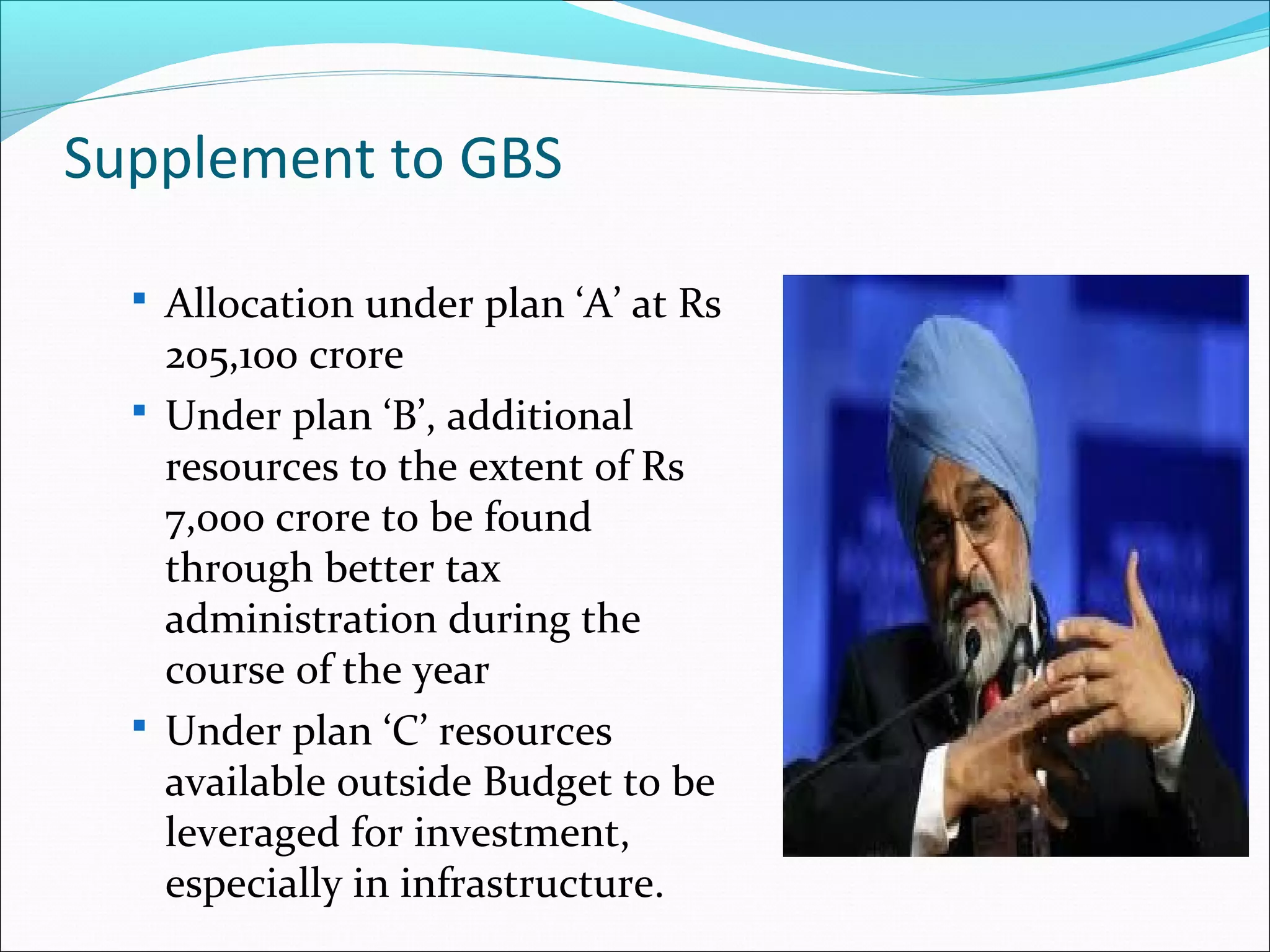 Supplement to GBS
 Allocation under plan ‘A’ at Rs

205,100 crore
 Under plan ‘B’, additional
resources to the extent of Rs
7,000 crore to be found
through better tax
administration during the
course of the year
 Under plan ‘C’ resources
available outside Budget to be
leveraged for investment,
especially in infrastructure.

 