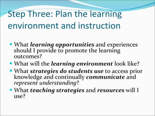 Step Three: Plan the learning environment and instruction What  learning opportunities  and experiences should I provide to promote the learning outcomes? What will the  learning environment  look like? What  strategies   do students use  to access prior knowledge and continually  communicate  and  represent understanding ? What  teaching strategies  and  resources  will I use? 