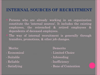 INTERNAL SOURCES OF RECRUITMENT
 Persons who are already working in an organization
constitute the ‘internal sources’. It includes the existing
employees, the retrenched & retired employees &
dependents of deceased employees.
 The way of internal recruitment is generally through
transfers, promotions, & other job changes.
Merits: Demerits
- Economical - Limited Choice
- Suitable - Inbreeding
- Reliable - Inefficiency
- Satisfying - Bone of Contention
 
