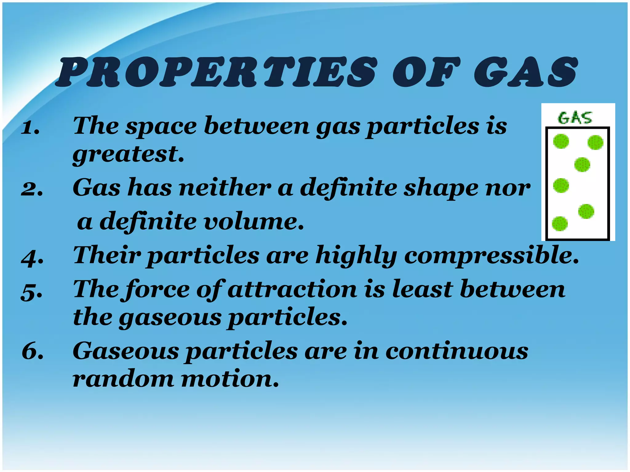 PROPERTIES OF GAS The space between gas particles is greatest. Gas has neither a definite shape nor  a definite volume. Their particles are highly compressible. The force of attraction is least between the gaseous particles. Gaseous particles are in continuous random motion. 