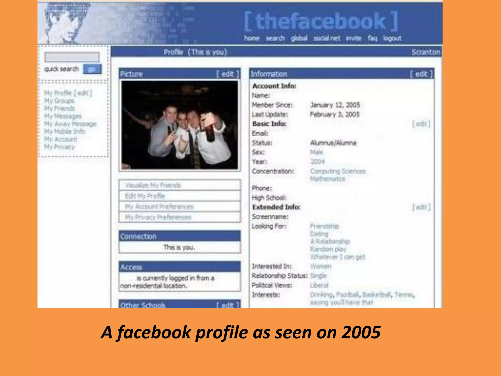 A facebook profile as seen on 2005
 