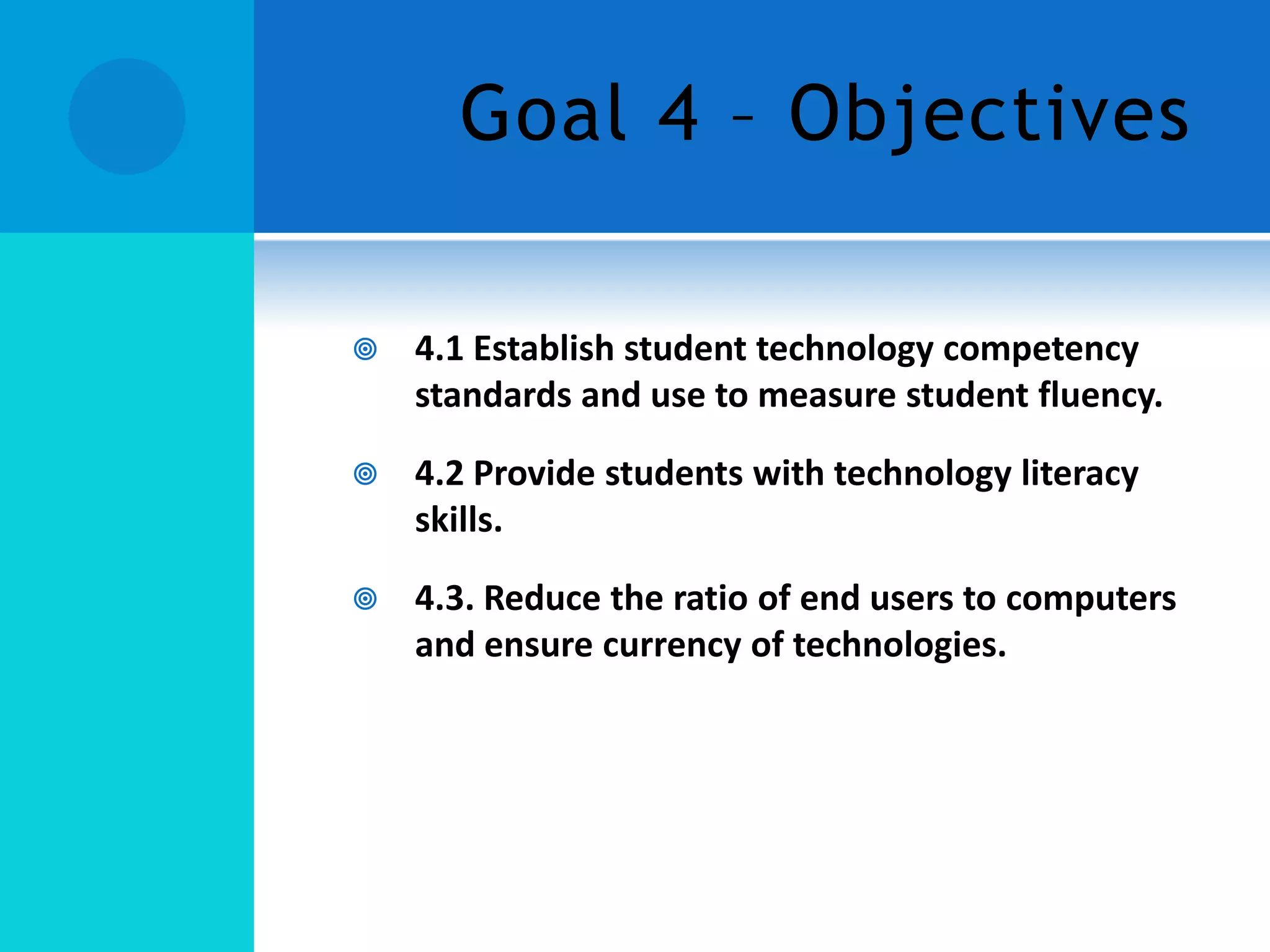 Goal 4 – Objectives


4.1 Establish student technology competency
standards and use to measure student fluency.



4.2 Provide students with technology literacy
skills.



4.3. Reduce the ratio of end users to computers
and ensure currency of technologies.

 