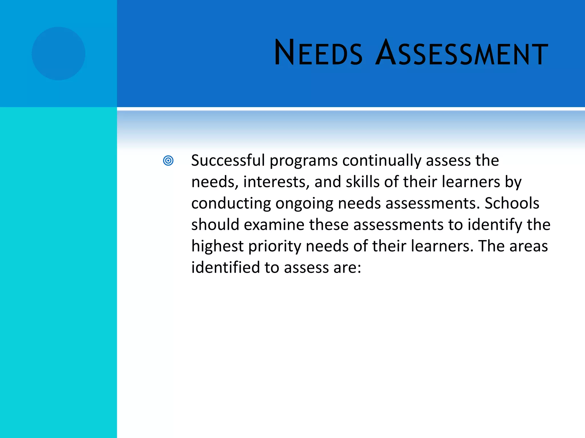 N EEDS A SSESSMENT


Successful programs continually assess the
needs, interests, and skills of their learners by
conducting ongoing needs assessments. Schools
should examine these assessments to identify the
highest priority needs of their learners. The areas
identified to assess are:

 