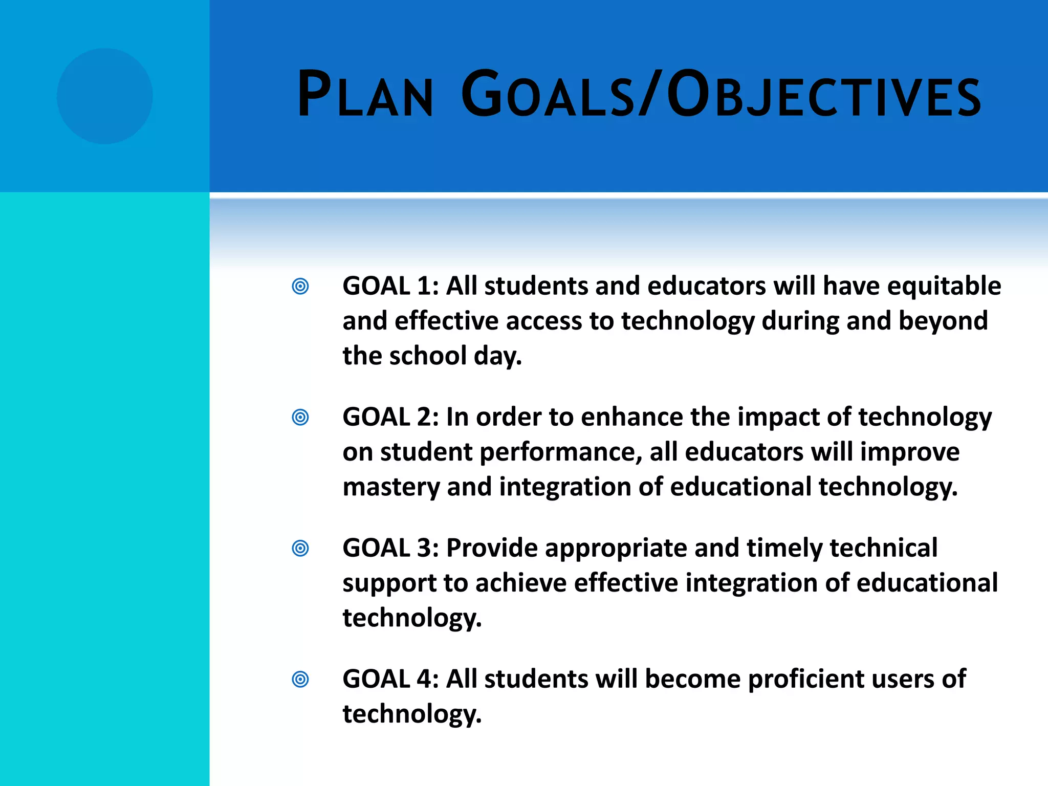 P LAN G OALS /O BJECTIVES


GOAL 1: All students and educators will have equitable
and effective access to technology during and beyond
the school day.



GOAL 2: In order to enhance the impact of technology
on student performance, all educators will improve
mastery and integration of educational technology.



GOAL 3: Provide appropriate and timely technical
support to achieve effective integration of educational
technology.



GOAL 4: All students will become proficient users of
technology.

 