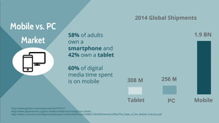 Mobile vs. PC 
Market 
58% of adults 
own a 
smartphone and 
42% own a tablet 
60% of digital 
media time spent 
is on mob...