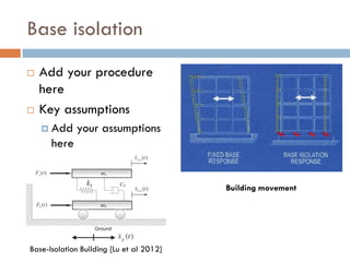 Base isolation
   Add your procedure
    here
   Key assumptions
     Add    your assumptions
      here


                                          Building movement




Base-Isolation Building [Lu et al 2012]
 