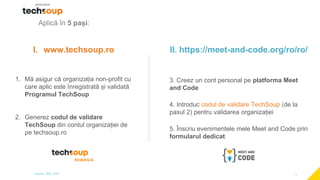 1
Aplică în 5 pași:
I. www.techsoup.ro
1. Mă asigur că organizația non-profit cu
care aplic este înregistrată și validată
Programul TechSoup
2. Generez codul de validare
TechSoup din contul organizației de
pe techsoup.ro
II. https://meet-and-code.org/ro/ro/
3. Creez un cont personal pe platforma Meet
and Code
4. Introduc codul de validare TechSoup (de la
pasul 2) pentru validarea organizației
5. Înscriu evenimentele mele Meet and Code prin
formularul dedicat
 