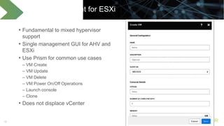 12
VM Management for ESXi
• Fundamental to mixed hypervisor
support
• Single management GUI for AHV and
ESXi
• Use Prism for common use cases
– VM Create
– VM Update
– VM Delete
– VM Power On/Off Operations
– Launch console
– Clone
• Does not displace vCenter
 