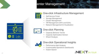 22
Simplified Datacenter Management
• Self-Service Portal
• Storage Management
• Cluster Management
• VM Management (AHV and ESXi)
• Network Management & Visualization
One-click Infrastructure Management
• Capacity Behavior Trends
• Capacity Optimization Advisor
• What-if Analysis
One-click Planning
• Performance Alert Analysis
• Customizable Operations Dashboards
• Instant Search
One-click Operational Insights
 