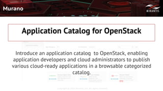 Copyright © 2016 Mirantis, Inc. All rights reserved
Murano
Introduce an application catalog to OpenStack, enabling
application developers and cloud administrators to publish
various cloud-ready applications in a browsable categorized
catalog.
Application Catalog for OpenStack
 