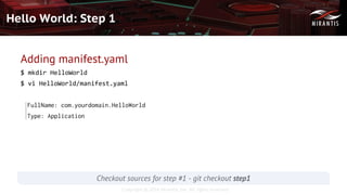 Copyright © 2016 Mirantis, Inc. All rights reserved
Hello World: Step 1
Adding manifest.yaml
$ mkdir HelloWorld
$ vi HelloWorld/manifest.yaml
FullName: com.yourdomain.HelloWorld
Type: Application
Checkout sources for step #1 - git checkout step1
 