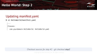 Copyright © 2016 Mirantis, Inc. All rights reserved
Hello World: Step 2
Updating manifest.yaml
$ vi HelloWorld/manifest.yaml
...
Classes:
com.yourdomain.HelloWorld: HelloWorld.yaml
Checkout sources for step #2 - git checkout step2
 
