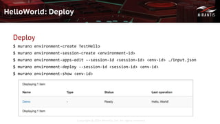 Copyright © 2016 Mirantis, Inc. All rights reserved
HelloWorld: Deploy
Deploy
$ murano environment-create TestHello
$ murano environment-session-create <environment-id>
$ murano environment-apps-edit --session-id <session-id> <env-id> ./input.json
$ murano environment-deploy --session-id <session-id> <env-id>
$ murano environment-show <env-id>
 