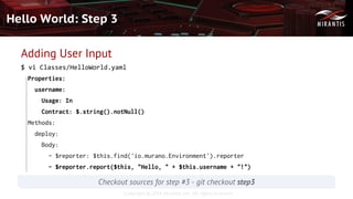 Copyright © 2016 Mirantis, Inc. All rights reserved
Hello World: Step 3
Adding User Input
$ vi Classes/HelloWorld.yaml
Properties:
username:
Usage: In
Contract: $.string().notNull()
Methods:
deploy:
Body:
- $reporter: $this.find('io.murano.Environment').reporter
- $reporter.report($this, "Hello, " + $this.username + "!")
Checkout sources for step #3 - git checkout step3
 