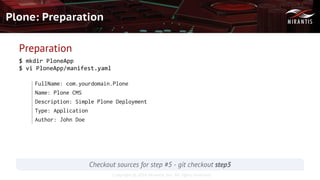 Copyright © 2016 Mirantis, Inc. All rights reserved
Plone: Preparation
Preparation
$ mkdir PloneApp
$ vi PloneApp/manifest.yaml
FullName: com.yourdomain.Plone
Name: Plone CMS
Description: Simple Plone Deployment
Type: Application
Author: John Doe
Checkout sources for step #5 - git checkout step5
 