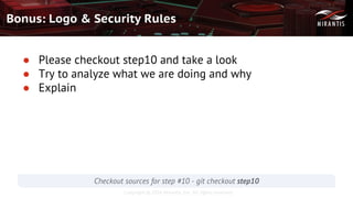 Copyright © 2016 Mirantis, Inc. All rights reserved
Bonus: Logo & Security Rules
● Please checkout step10 and take a look
● Try to analyze what we are doing and why
● Explain
Checkout sources for step #10 - git checkout step10
 