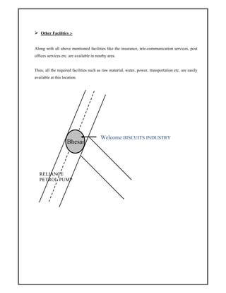 Other Facilities :-
Along with all above mentioned facilities like the insurance, tele-communication services, post
offices services etc. are available in nearby area.
Thus, all the required facilities such as raw material, water, power, transportation etc. are easily
available at this location.
RELIANCE
PETROL PUMP
Bhesan
Welcome BISCUITS INDUSTRY
 