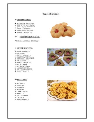 Types of product
COMPOSITION:-
Total Solids 40% to 41%
Milk Fat 13.5% to 14.5%
Sugar 15% Approx.
Flours 0.17% to 0.19%
Protein 3.9% to 4.1%
FOOD ENERGY VALUE:-
Calories per 100 ml -196.7 kcal
SWEET BISCUITS:-
ALMOND NUTS
BIG BANG
SMALL GOODAY
CRUNCHY CRACKER
SWEET SOFTY
SALTY CRUNCHY
KAJU CREM
NAJUK NAMKIN
BUTTER COOKIES
HAPPY HAPPY
FLAVOURS:
VANILLA
ELAICHI
PINAPLE
MANGO
CHOCOLATE
SAULTY
BUTTER MILK
ORANGE
STRAWBERRY
 