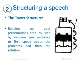 Structuring a speech 
• The Tower Structure: 
• Building up your 
presentations step by step 
by involving your audience 
to first speak about the 
problems and then the 
solution. 
www.bmconsultantsindia.com BM Seminar Series 
 