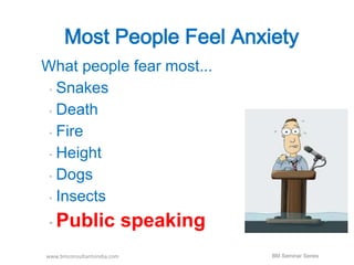 Most People Feel Anxiety 
What people fear most... 
• Snakes 
• Death 
• Fire 
• Height 
• Dogs 
• Insects 
• Public speaking 
www.bmconsultantsindia.com BM Seminar Series 
 