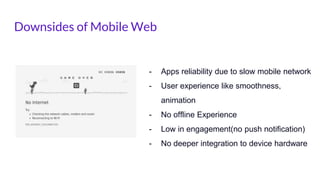 Downsides of Mobile Web
- Apps reliability due to slow mobile network
- User experience like smoothness,
animation
- No offline Experience
- Low in engagement(no push notification)
- No deeper integration to device hardware
 