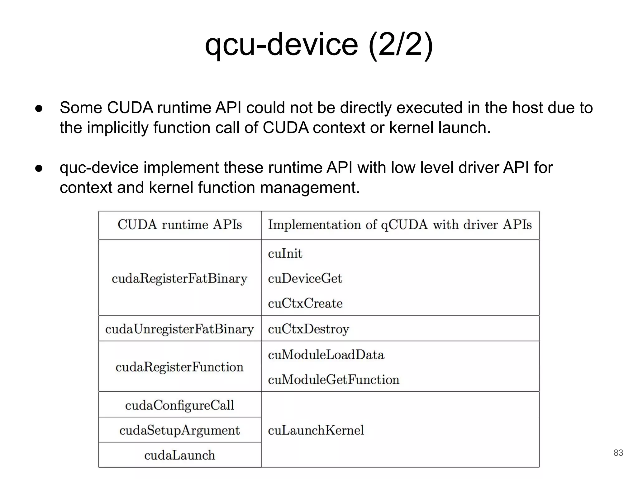 qcu-device (2/2) 83 ● Some CUDA runtime API could not be directly executed in the host due to the implicitly function call of CUDA context or kernel launch. ● quc-device implement these runtime API with low level driver API for context and kernel function management. 