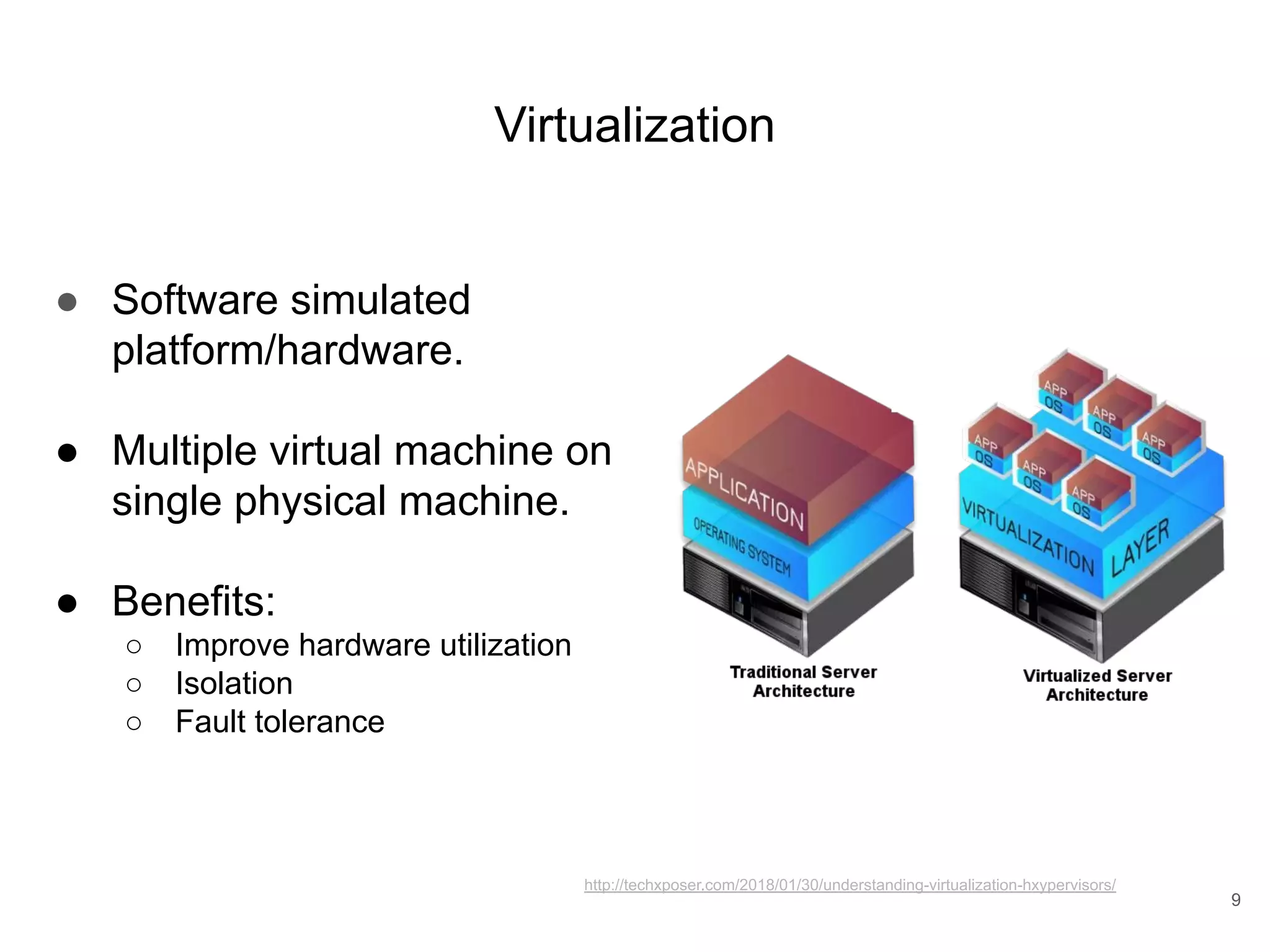 Virtualization ● Software simulated platform/hardware. ● Multiple virtual machine on single physical machine. ● Benefits: ○ Improve hardware utilization ○ Isolation ○ Fault tolerance 9 http://techxposer.com/2018/01/30/understanding-virtualization-hxypervisors/ 
