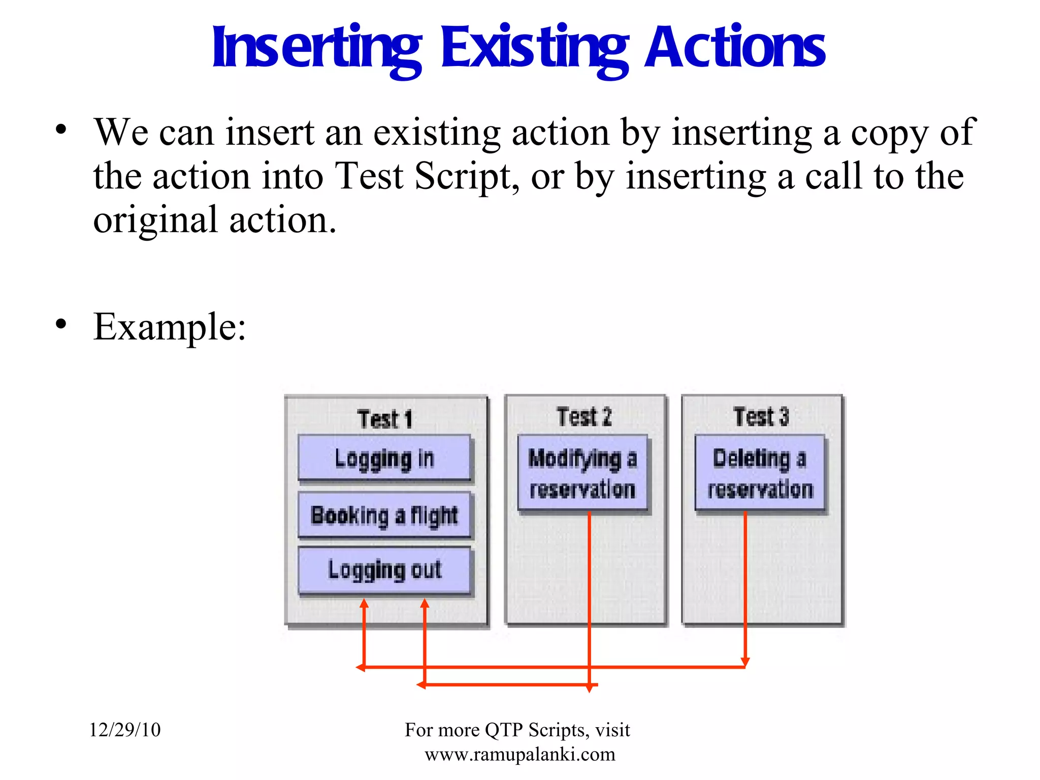 Inserting Existing Actions We can insert an existing action by inserting a copy of the action into Test Script, or by inserting a call to the original action. Example:  12/29/10 For more QTP Scripts, visit  www.ramupalanki.com 
