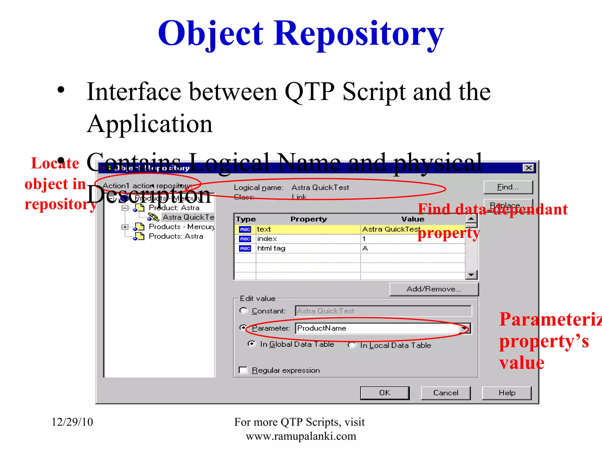 Object Repository Interface between QTP Script and the Application Contains Logical Name and physical Description 12/29/10 For more QTP Scripts, visit  www.ramupalanki.com Locate  object in repository Find data-dependant property   Parameterize  property’s  value 