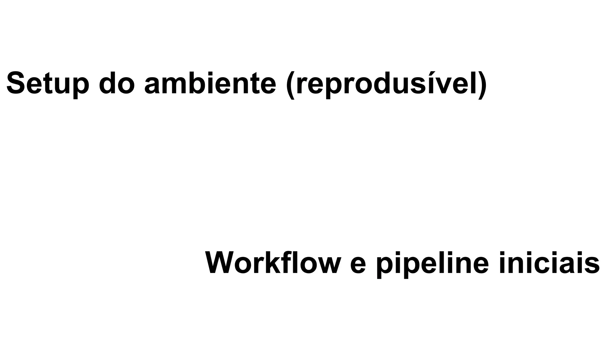 Setup do ambiente (reprodusível)
Workflow e pipeline iniciais
 