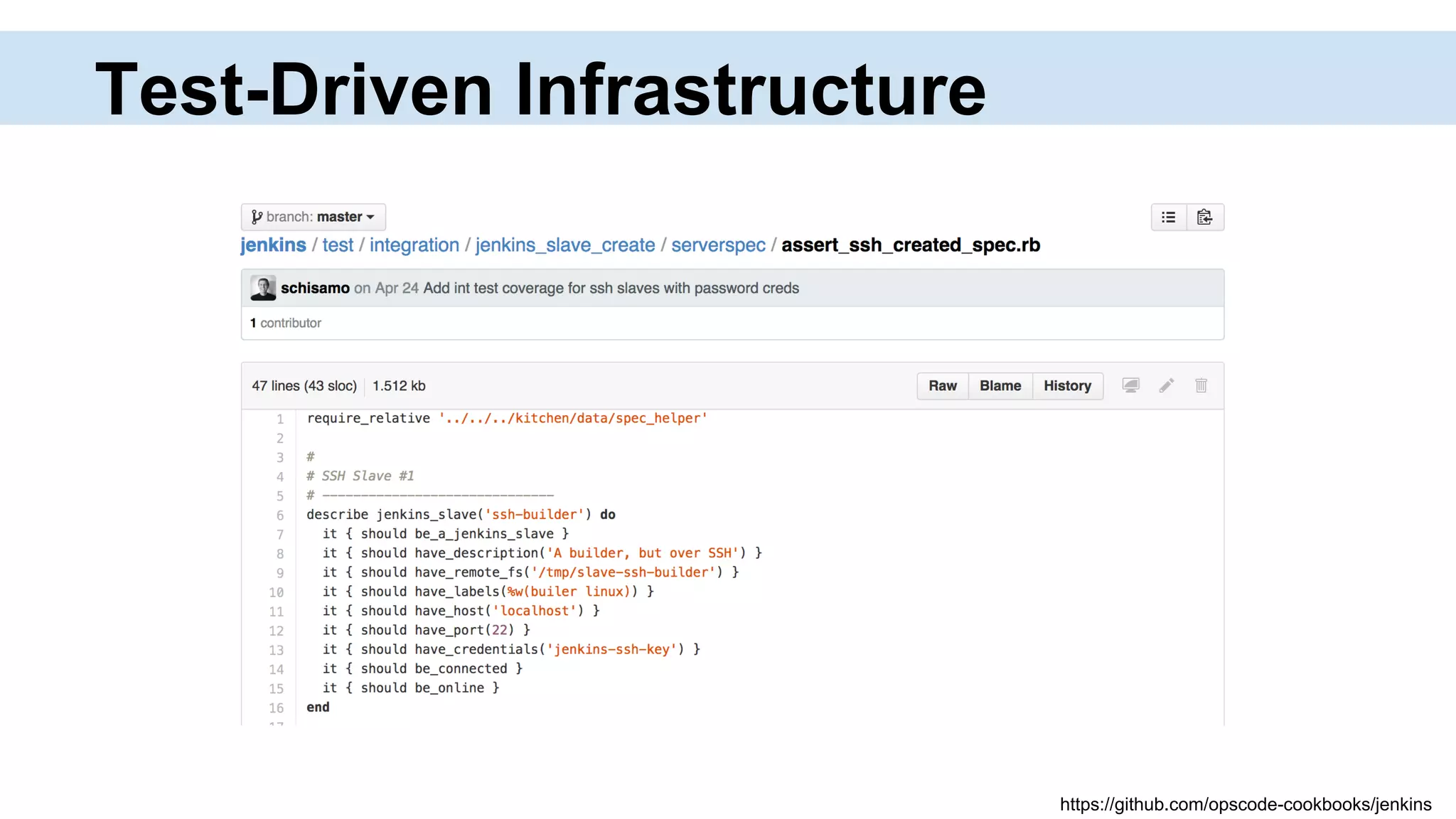 Test-Driven Infrastructure
https://github.com/opscode-cookbooks/jenkins
 