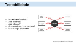 Testabilidade
http://www.soapui.org/Best-Practices/api-mocking.html
● Mocks/fakes/serviços?
● Apis externas?
● Apis internas?
● Quem serão os consumidores?
● Qual a carga esperada?
 