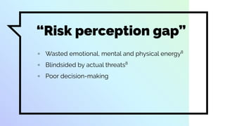 “Risk perception gap”
▫ Wasted emotional, mental and physical energy8
▫ Blindsided by actual threats8
▫ Poor decision-making
 